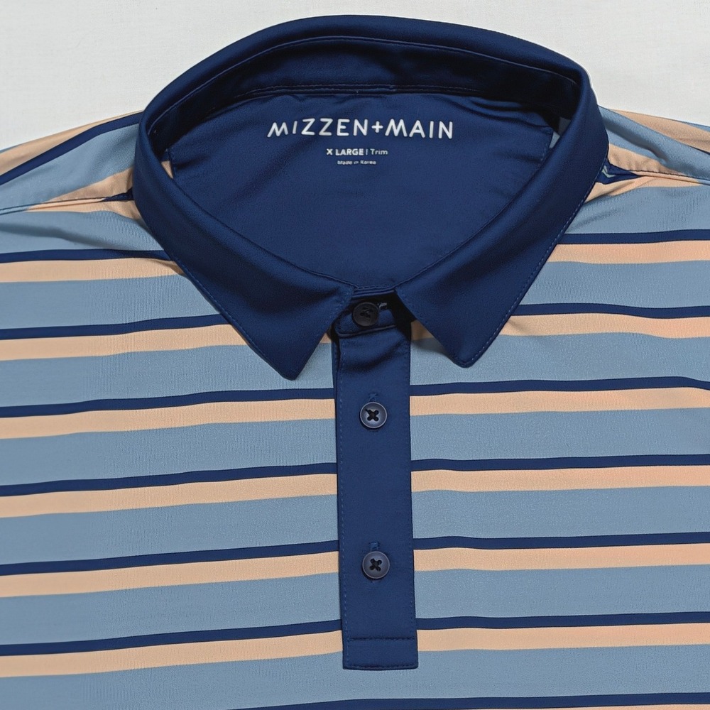 Mizzen+Main Mens XL Trim Fit Blue Orange Striped Short Sleeve Golf Polo Shirt